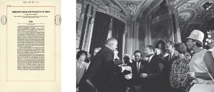 The historic text of the Voting Right Act on the left and on the right an image of the President signing it into law.