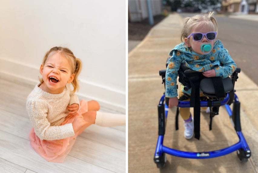 On the left, a photo of Juniper with a big smile; on the right, Juniper taking a walk with an assistive device, pacifier, and sunglasses.