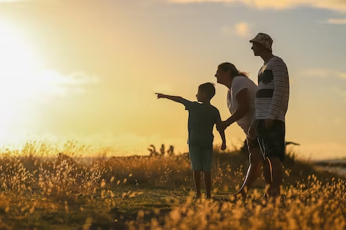 A family pointing at the sunset.