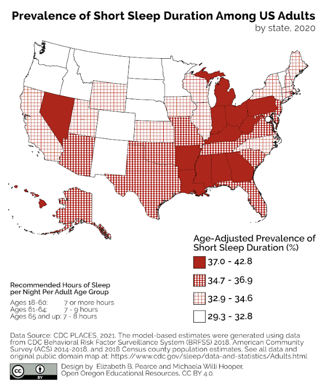 Prevalence of short sleep duration among US adults by state, 2020. Image Description Available.