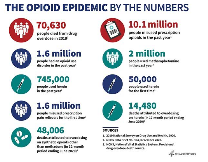 Infographic illustrating statistics about the opioid epidemic.