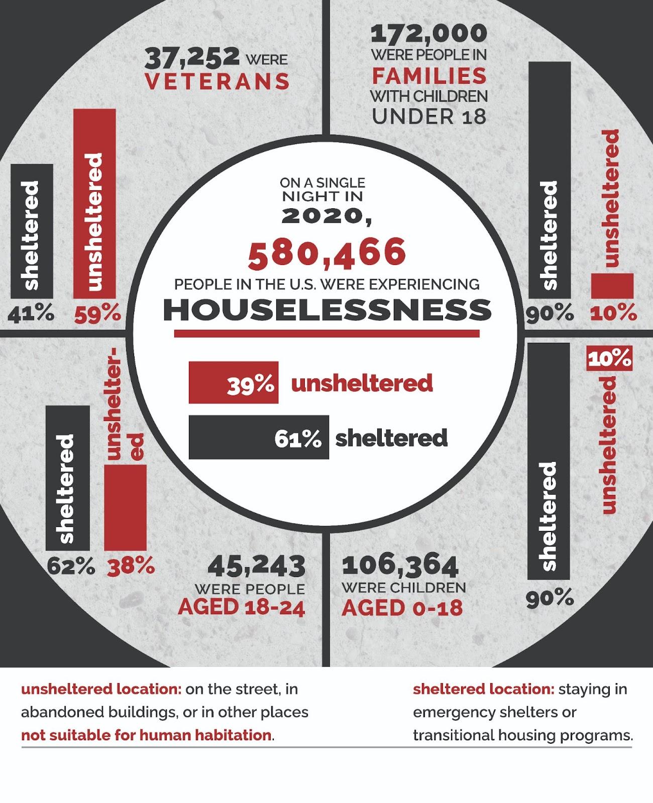 Infographic about houselessness in 2020. Image Description Available.