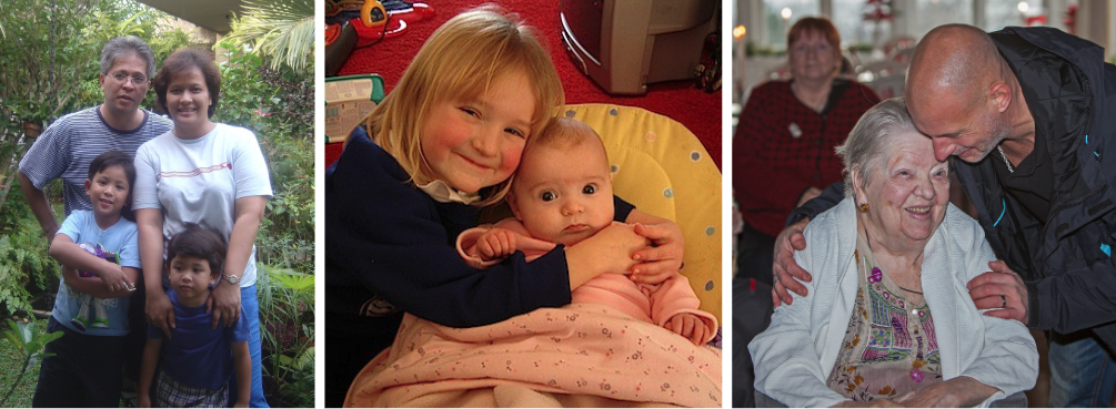 A collage of personal photos showing a mix of older and younger family members.