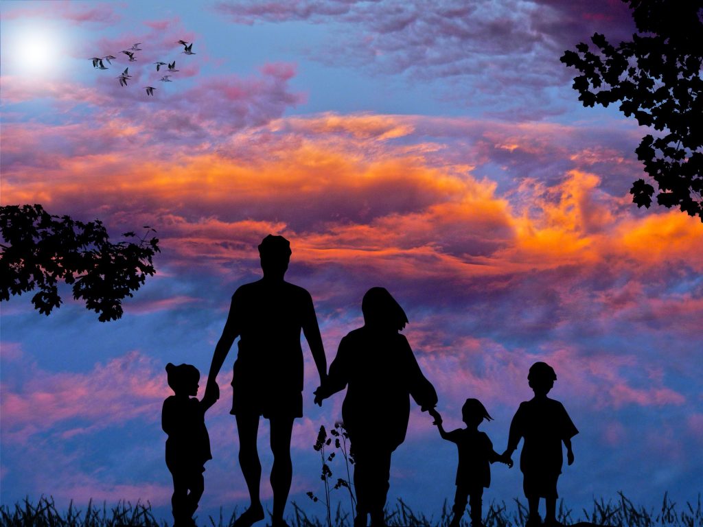 Silhouettes of three children hold hands with a masculine figure and a feminine figure against a sunset with birds flying in the distance