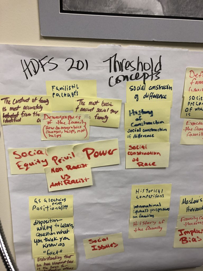 Poster titled "HDFS 201 Threshold Concepts" with multiple yellow sticky notes written in different handwriting, such as:"Social Equity", "Power", "Privilege", "The most basic and ancient social group: family", "social constructionof difference", "social construction of race", "historical comparisons", "Maslow`s Hierarchy", "social issues", "define family", "disposition willing to learn, question what you know as fact", "history of the family", "implicit bias", etc.