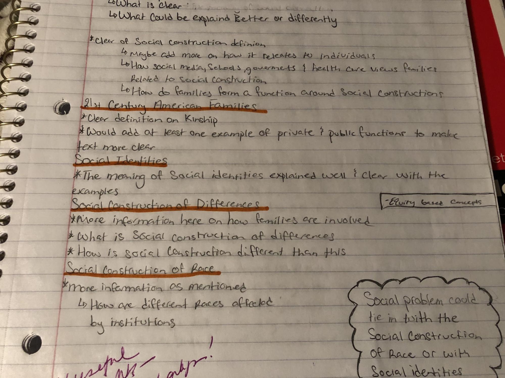 A lined page of spiral notebook paper wtih black handwriting containing several topics including "21st Century American Families" , "Social Identities", "Social Construction of Differences", "Social Construction of Race" and "Social Problems".