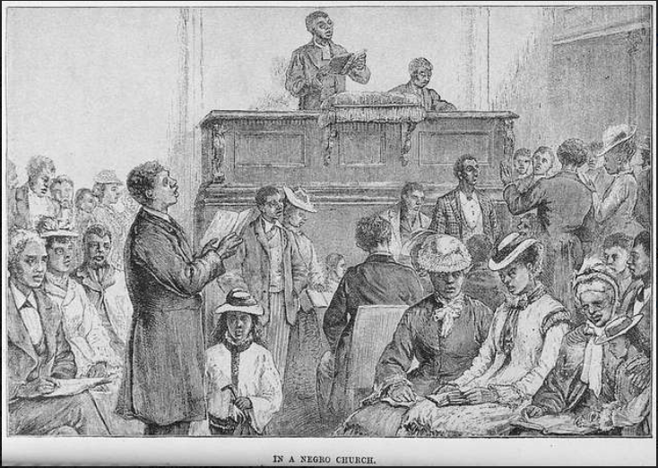 A historical illustration of many people inside a Black church.