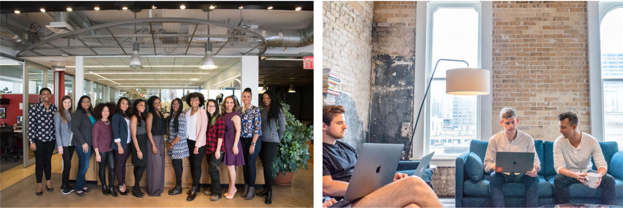 Left: A line of people in an office wearing a variety of styles of clothing. Right: Three workers working on laptop computers, one wearing shorts and a t-shirt, while the other two have pants and long-sleeved shirts.