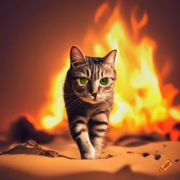 A cat walking away from a burning building.