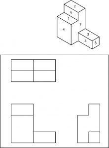 Isometric view of a geometric shape with surfaces numbered for identification.