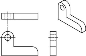 Isometric object and the 3 orthographic views needed with curved surfaces.