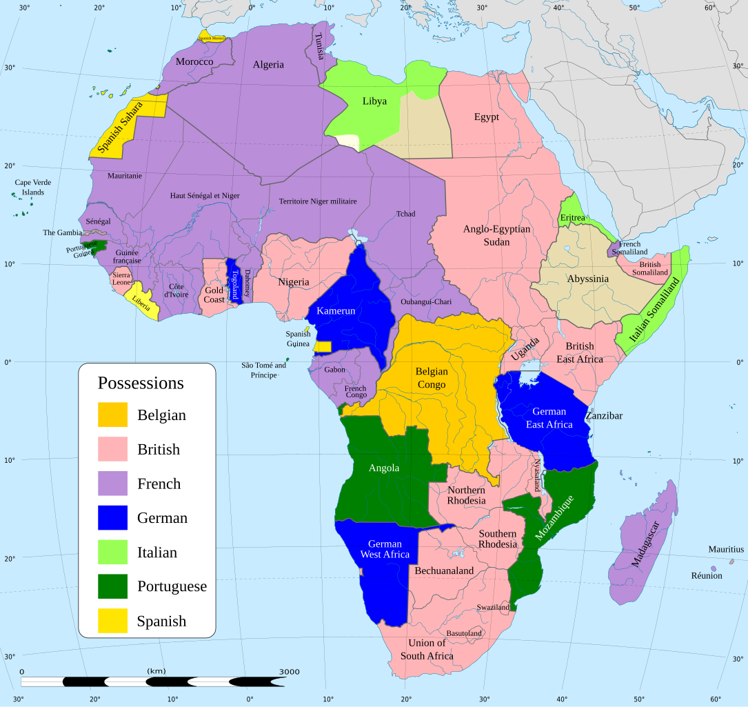 The image is a historical map of Africa depicting colonial possessions as of the early 20th century. The map is color-coded to indicate territories held by different colonial powers: Belgian territories are marked in yellow, British in pink, French in purple, German in blue, Italian in green, Portuguese in dark green, and Spanish in light yellow. Major regions and countries of Africa are labeled, showing their colonial affiliations.