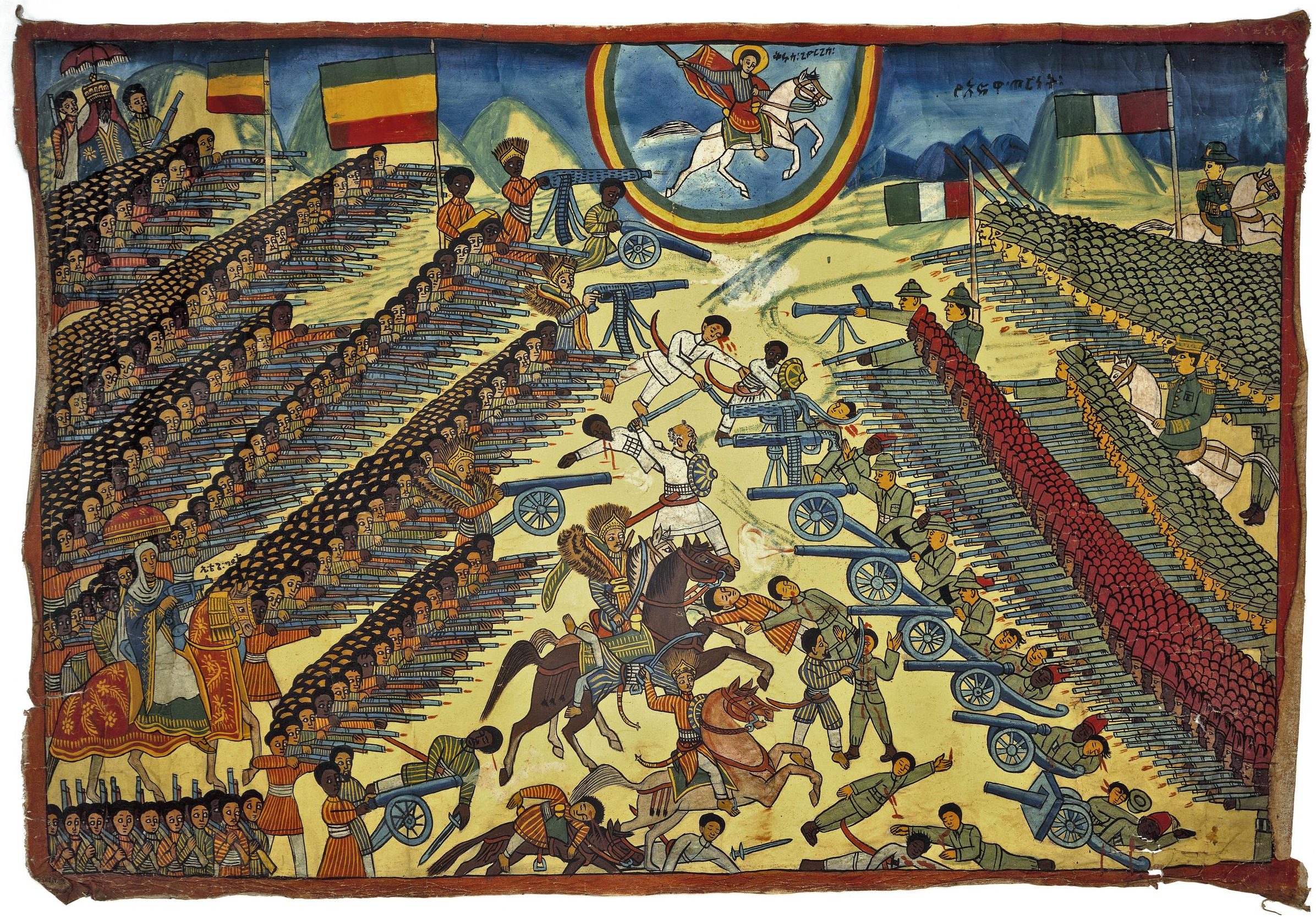 Battle of Adwa, 2 March 1896. Emperor Menelik II of Ethiopia is depicted in the top left corner in royal crown, velvet cape (lemd) and with a royal umbrella. Empress Taitu of Ethiopia is shown in the bottom left corner on a richly caparisoned horse with a royal umbrella, she carries a revolver. The Ethiopian troops are shown full face and all wear striped tunics. The Ethiopian generals are shown in striped tunics and lemd with lion’s mane collars and lion’s mane headdress. The Italian troops are shown side on and are often reduced to heads and guns. Above the battle is the image of Saint George, the patron saint of Ethiopia, in a halo of green, yellow.