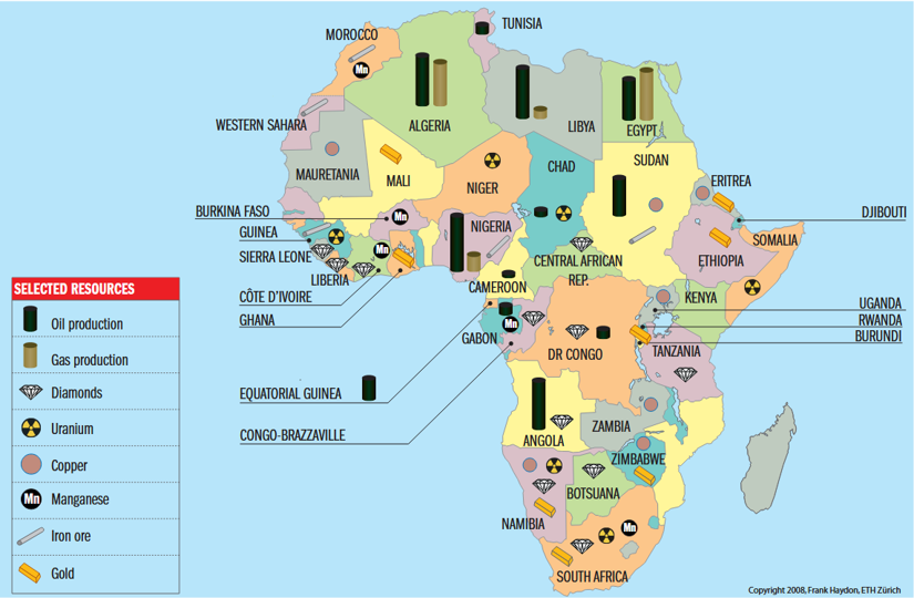 A map of the continent of Africa showing select strategic natural resources common in each country, such as oil, gas gemstones, and precious metals.