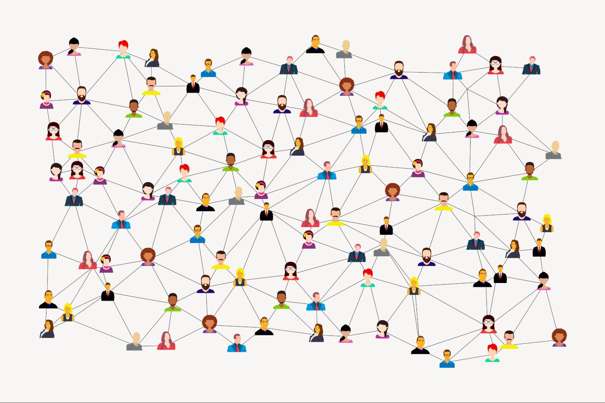 Icons of diverse individuals are connected by lines in a complex web.