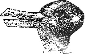 A black and white drawing of an animal,. One perspective shows a duck; the other perspective shows a rabbit.