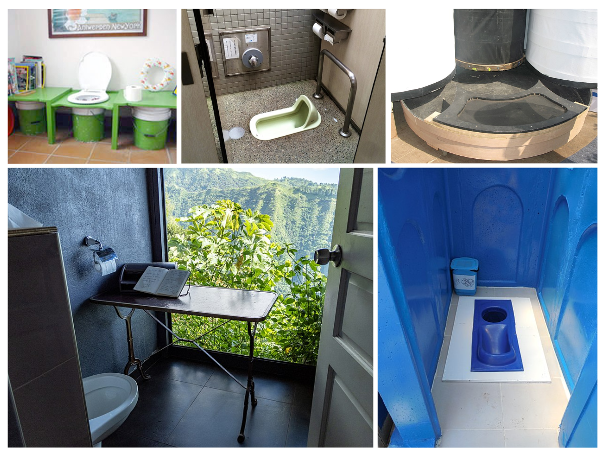 A collage of toilets, including squat toilets, composing toilets, and bucket toilets from different countries.