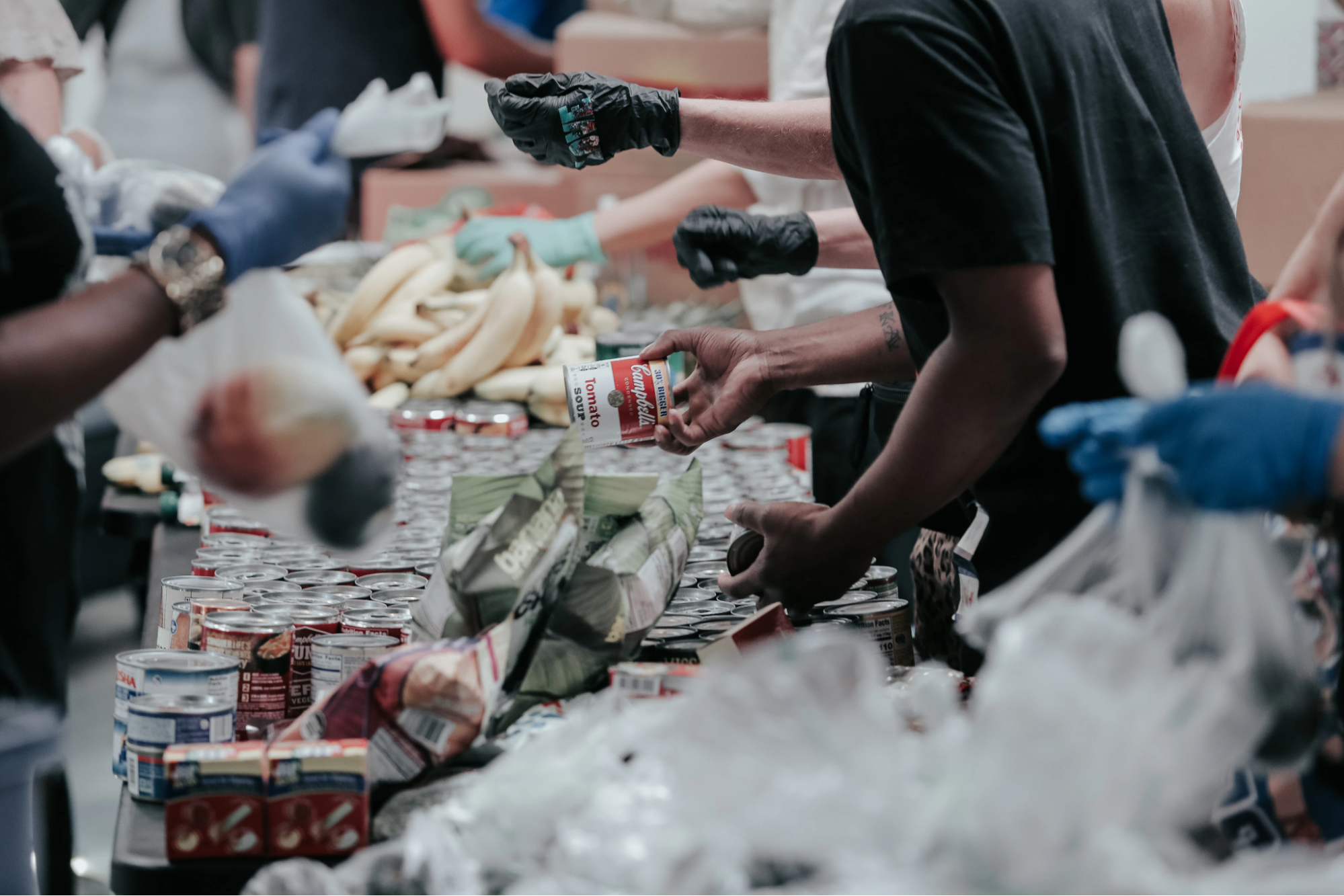 An image of a group of people sorting food, specifically canned food, fruit, and vegetables.