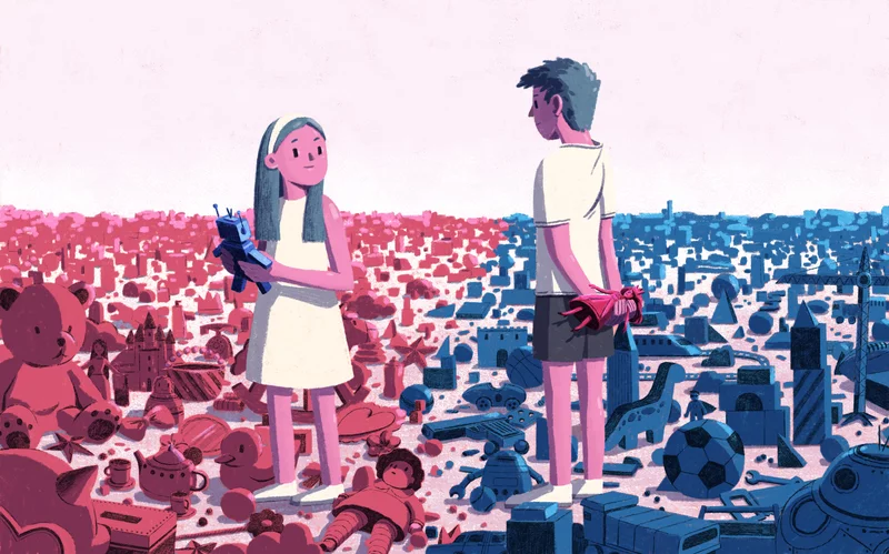 A drawing of girl with long hair wearing a dress standing by many pink objects (toys, teapot, dolls) while holding a blue robot. She looks at a boy who is standing surrounded by blue objects (blocks, dinosaurs, soccer ball) while holding a pink doll behind his back.