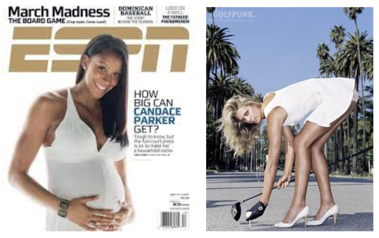 Left: Candace Parker, a woman with dark skin tone wearing white dress and holding her stomach while pregnant on an ESPN magazine cover. Right: Anna Rawson, a woman with light skin tone, posing over a golf tee while wearing a short white dress and high heels.