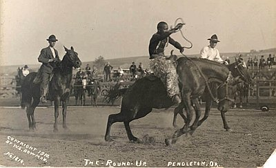 A black and white photo of George Fletcher from the Round-Up in Pendleton, Oregon. dated 1910.