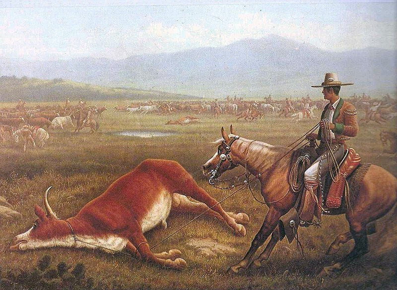 A painting of a vaquero roping a bull.