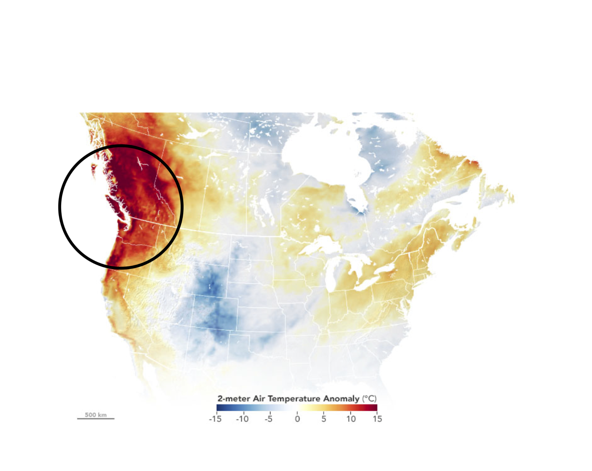 Map of the United States, showing that Oregon, Washington, and British Columbia had temperatures 10 to 15 degrees above normal in June 2021. The Northwest is in red to dark red.