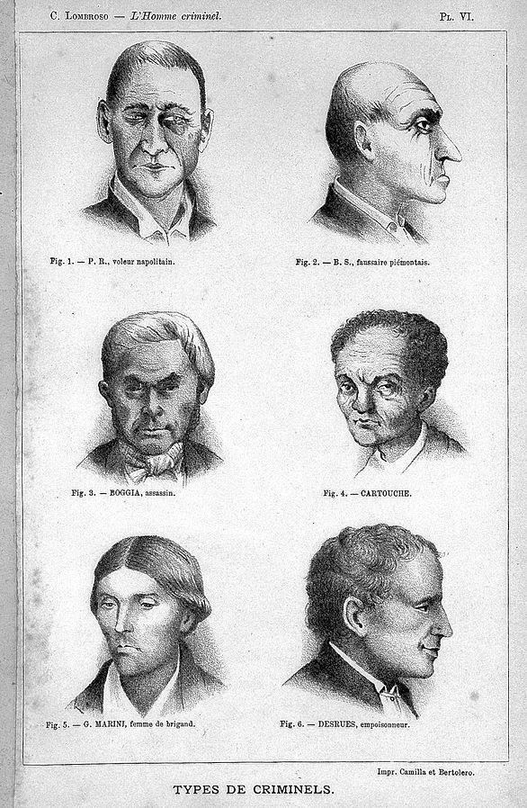 Chart with 6 drawn figure faces, three in profile, three facing straight ahead, depicting Lombroso’s visual guide to types of criminal. The faces appear to be masculine, and the eyes are squinted or looking away.