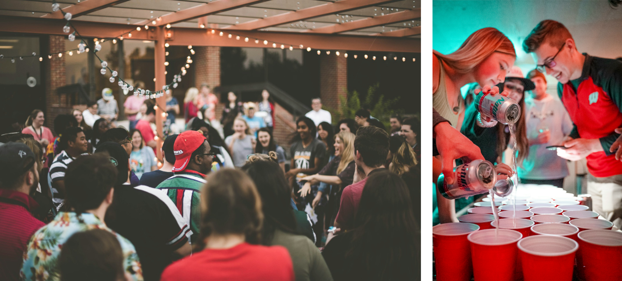 A two-part image with one half showing college-age people in a party situation and the other showing college age people filling up red plastic cups with liquid being poured from cans.