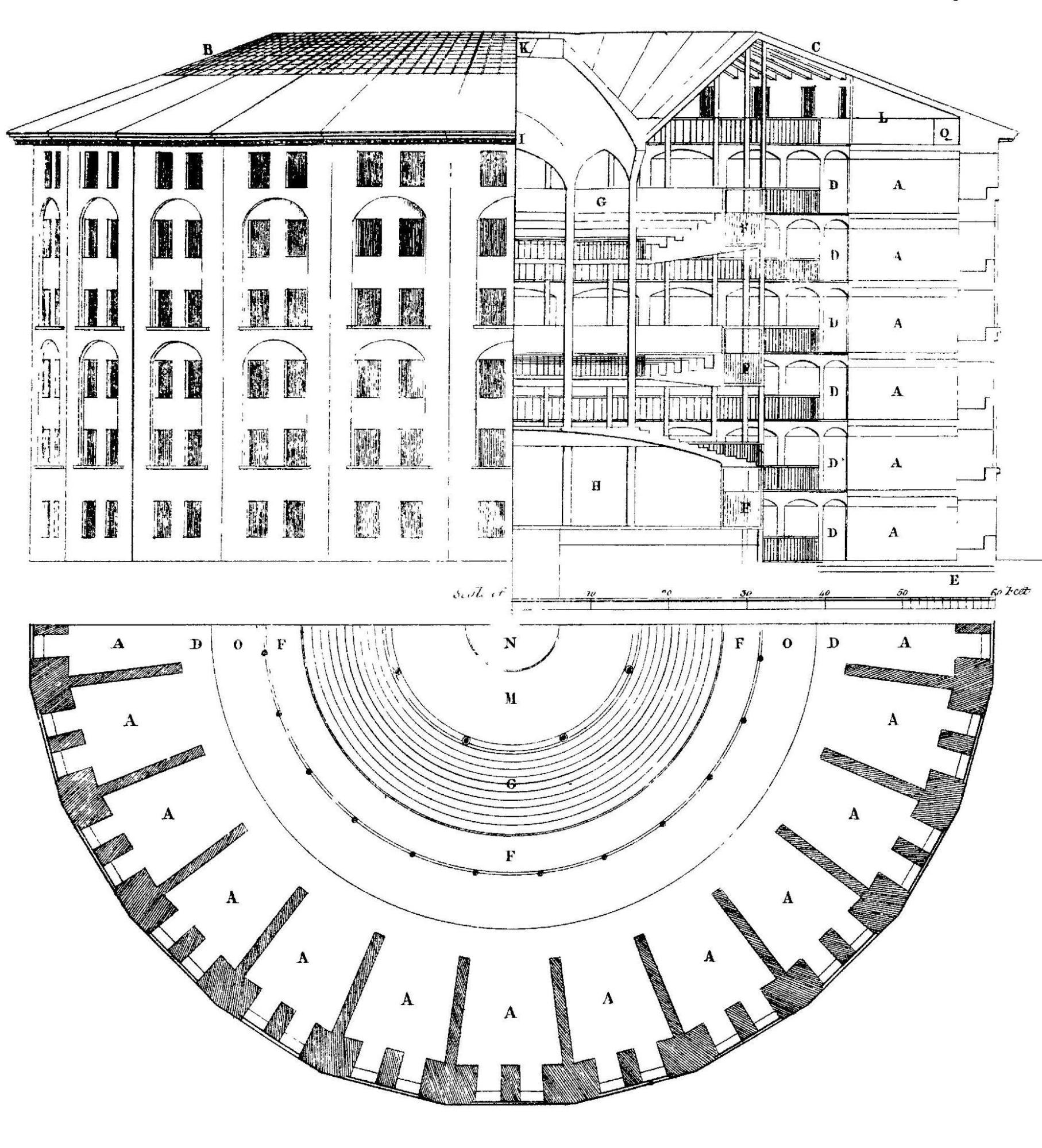 A drawing of a prison building providing a visual of the panopticon. The guard tower is located in the center to have the appearance of always being able to view every prison cell.