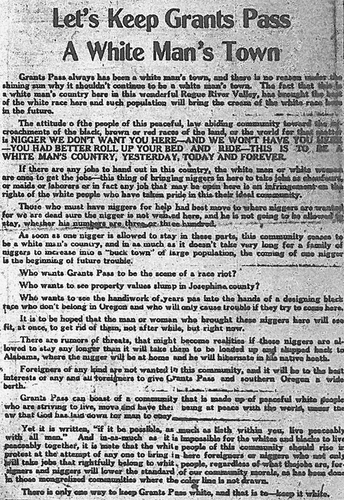 A clip from a 1924 newspaper article that used offensive language to promote white supremacist ideas in Grants Pass, Oregon.