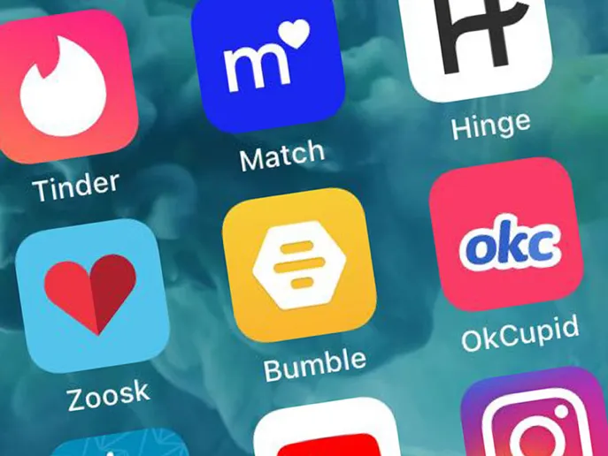 dating app icons on a phone screen - Tinder, Match, Hinge, Zoosk, Bumble, OkCupid