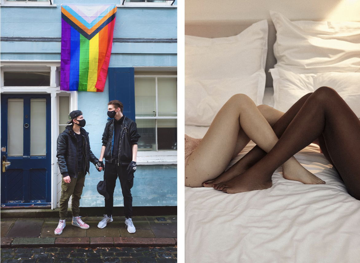 Left: Two people hold hands and look into each others' eyes while wearing masks and standing below the intersectional pride rainbow flag. Right: Two sets of bare legs interlock on a bed, one with light skin tone and one with dark skin tone.