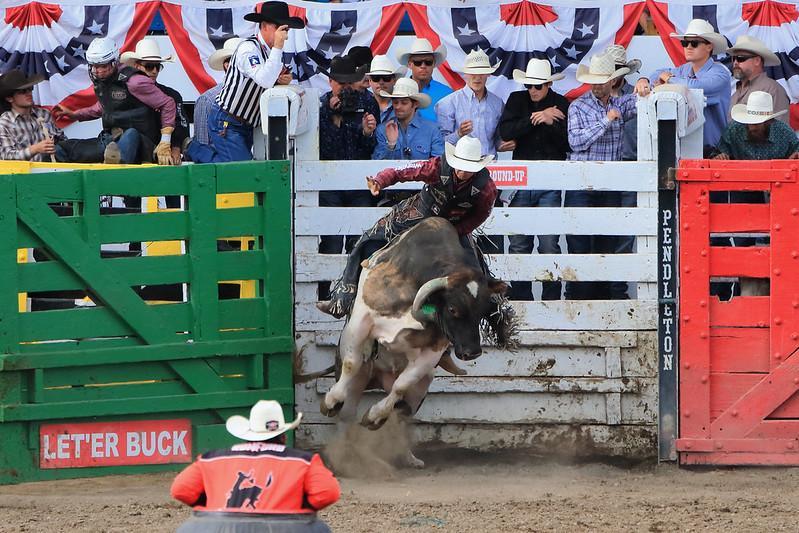 Crowded stadium with many people in western hats standing by the gates. One person rides a bull with a western hat on. A "Let 'er buck" sign is visible on the gate.