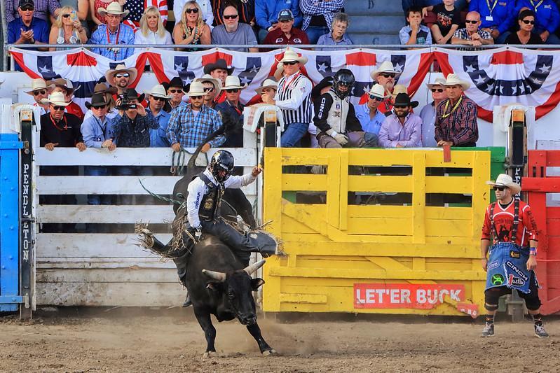 A crowded stadium with many people present in the audience. A person wears helmet while riding a bull.