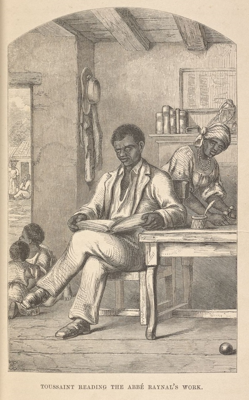 A print of Touissaint sitting at a kitchen table reading, with a woman standing next to him preparing food and two children playing nearby on the floor.