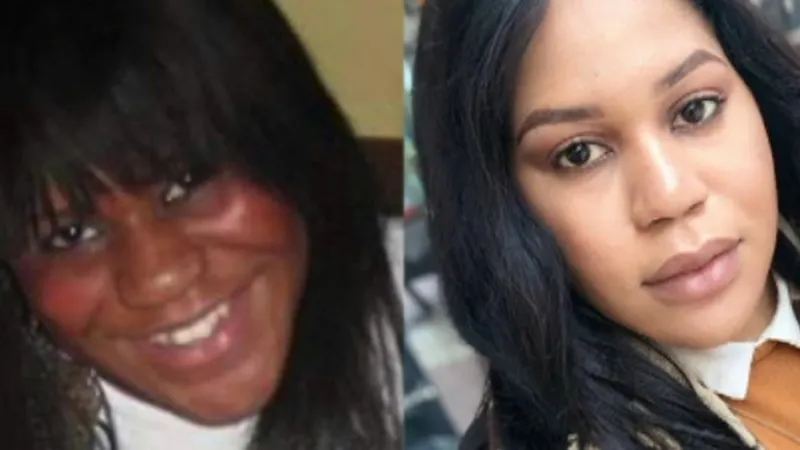 Side by side images of the same woman with dark, straight hair. In the left side image, she has a dark skin tone. In the right side image, she has medium skin tone.