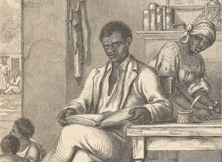A print of Touissaint sitting at a kitchen table reading, with a woman standing next to him preparing food and two children playing nearby on the floor.