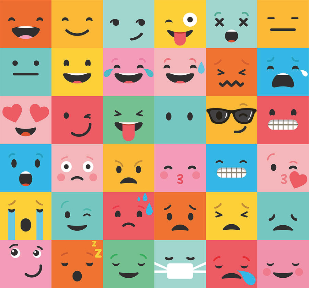 Image combines colorful cartoon faces displaying a number of emotions.