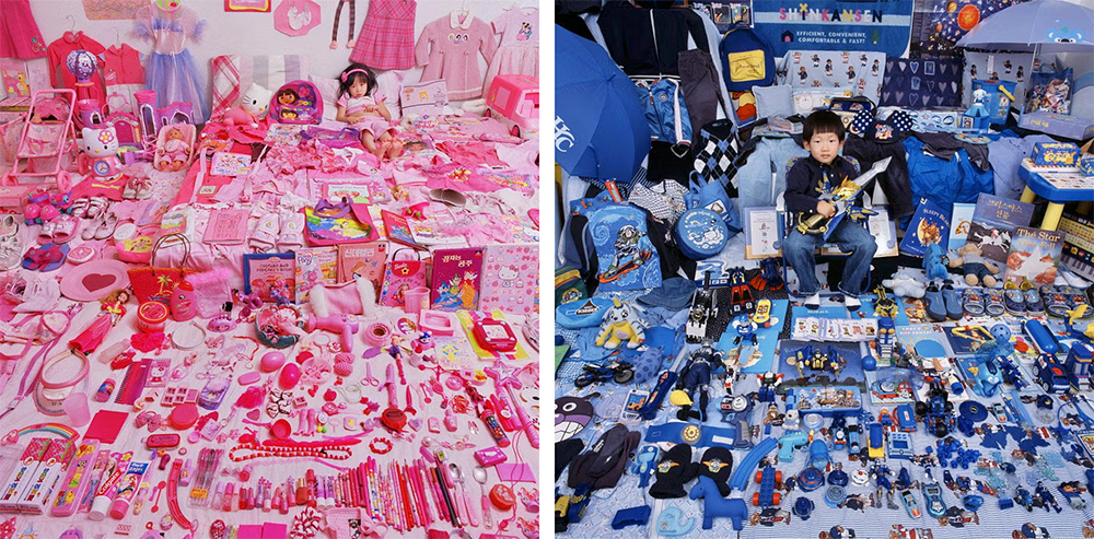 On one half of the image, a young girl dressed in pink lays on a pink pillow and is surrounded by a variety of pink toys and clothes. On the other half of the image, a young boy in blue holding a blue guitar sits in a room surrounded by blue toys, clothes, and other items.
