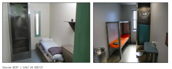 Two different solitary confinement cells. They each have a narrow bed, a shower, and a place to sit.