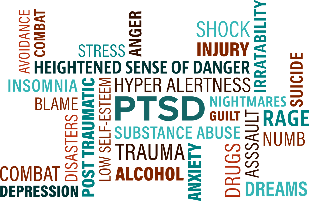 Word cloud that includes substance abuse, trauma, alcohol, depression, rage, numb, suicide, substance, blame, stress, anger, avoidance and more.