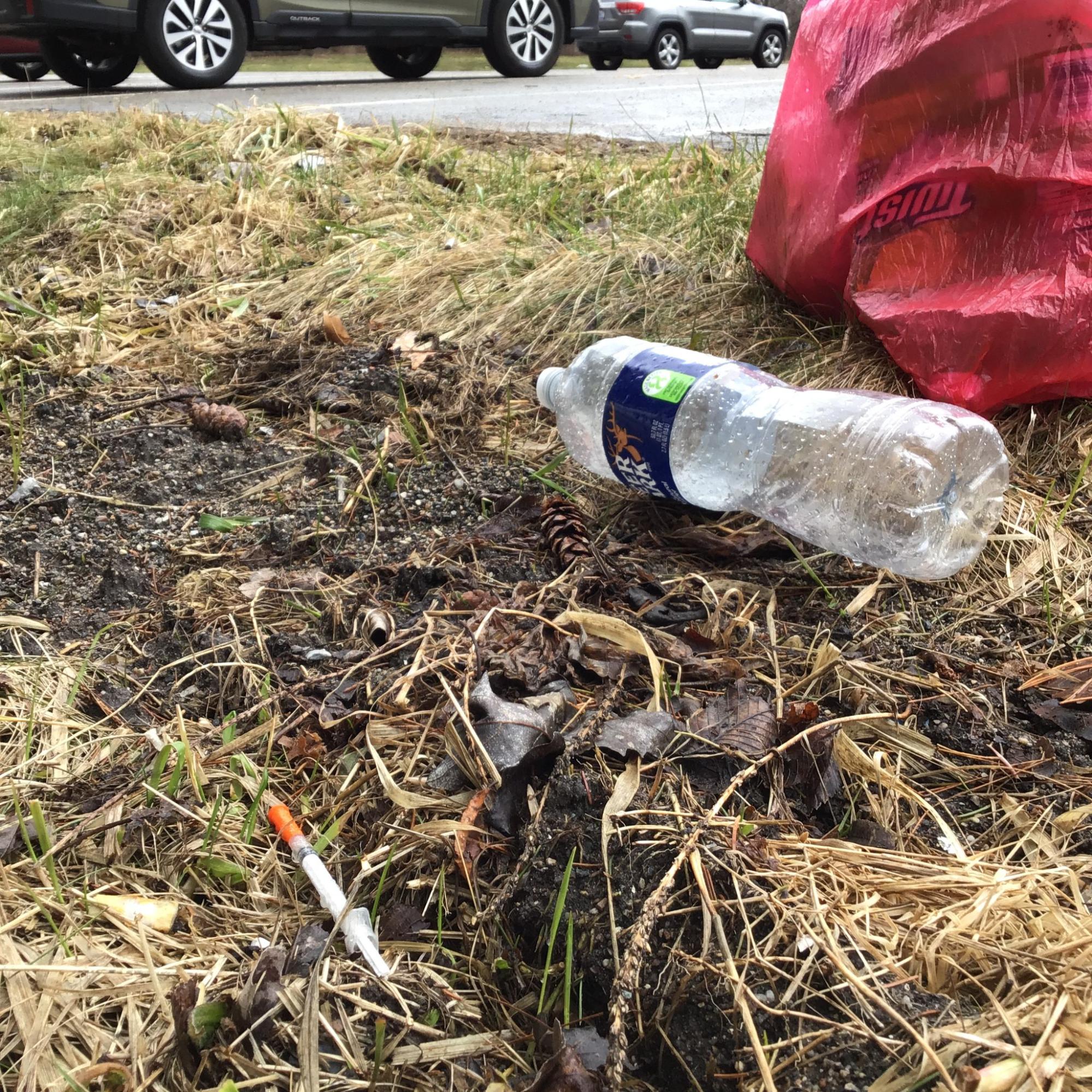 A needle and other trash on a grassy area at the side of a road.