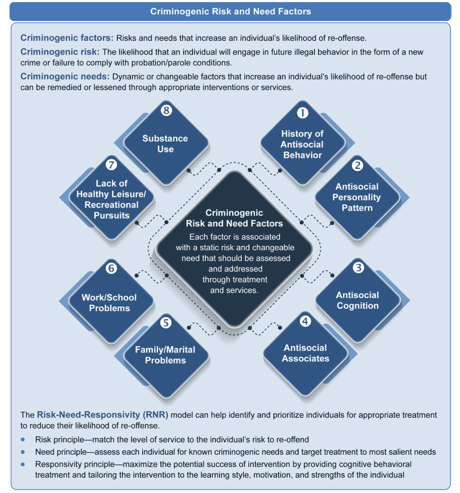 A graphic displaying the 8 primary criminogenic risk factors that contribute to overall criminogenic risk and need that inform treatment levels.