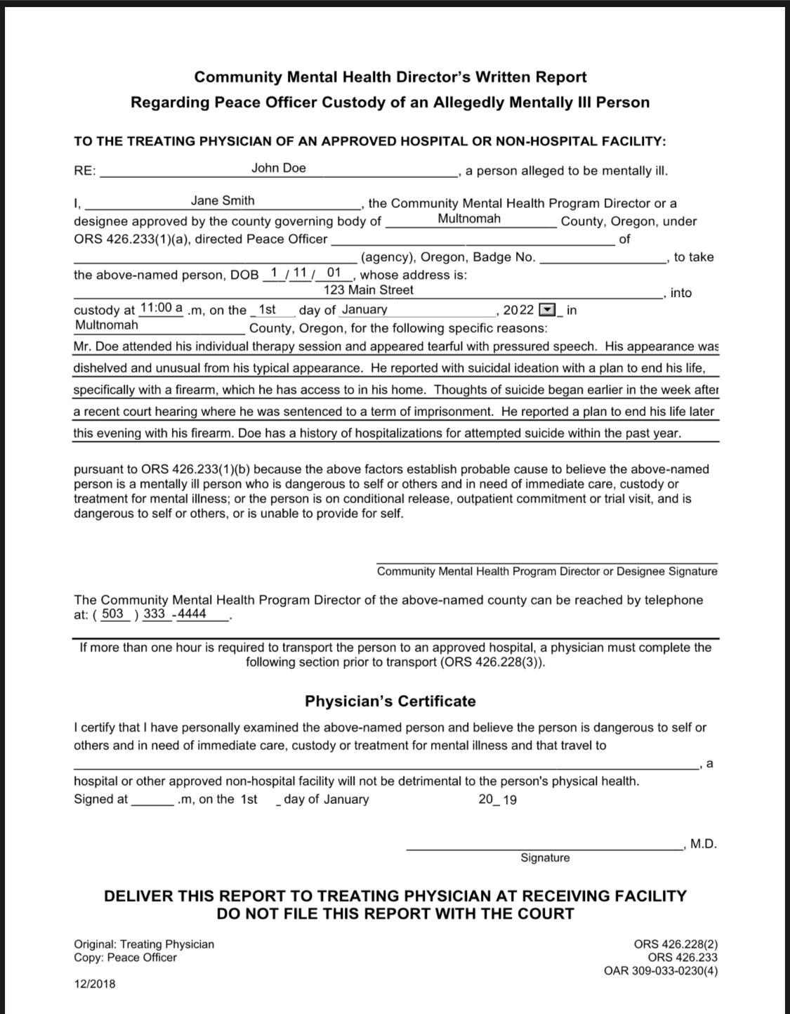 Form: Community Mental Health Director's Written Report regarding peace officer custody of an allegedly mentally ill person.