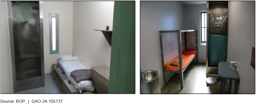 Two different solitary confinement cells. They each have a narrow bed, a shower, and a place to sit.