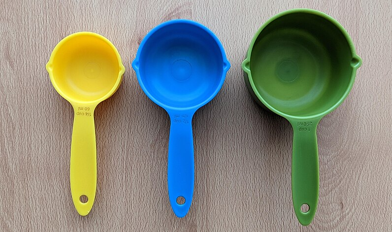 Three measure cups in a row: a small yellow one, a medium blue one, and a large green one