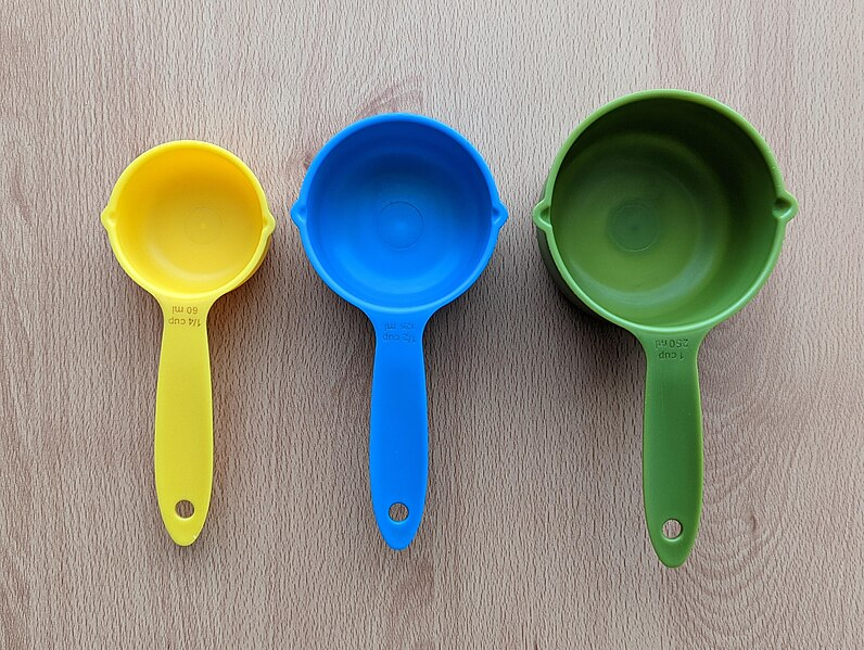 Three measure cups in a row: a small yellow one, a medium blue one, and a large green one
