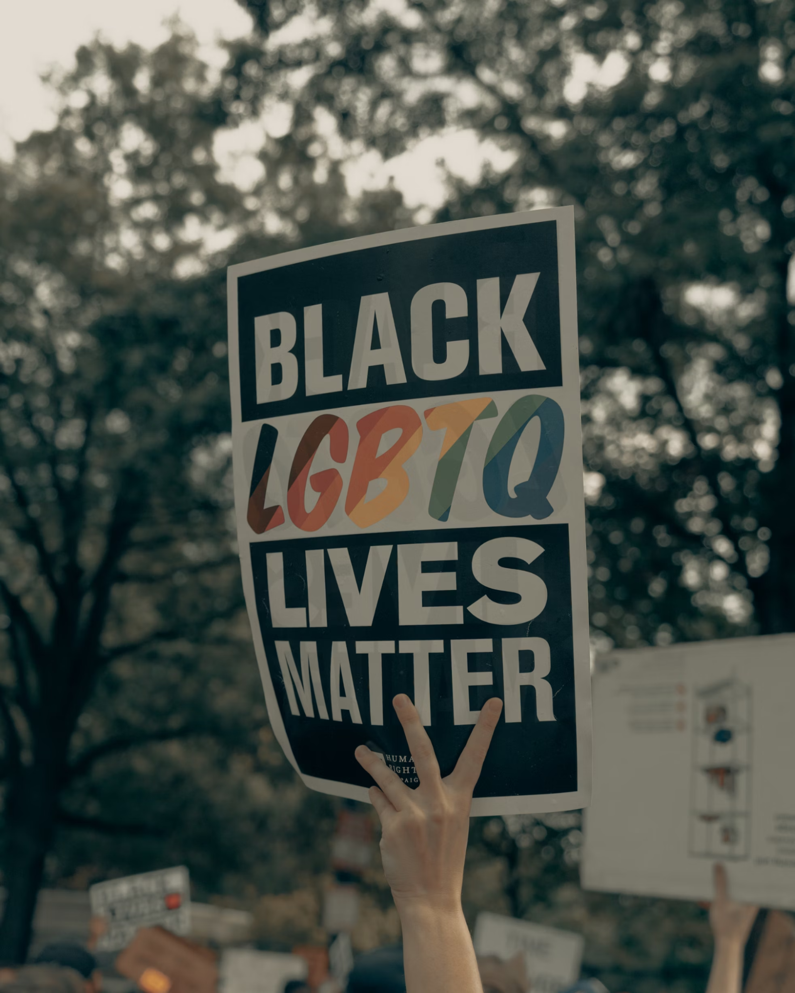 A sign in a white hand reads, "Black LGBTQ lives matter" amidst many signs held high as people march down a tree-lined street