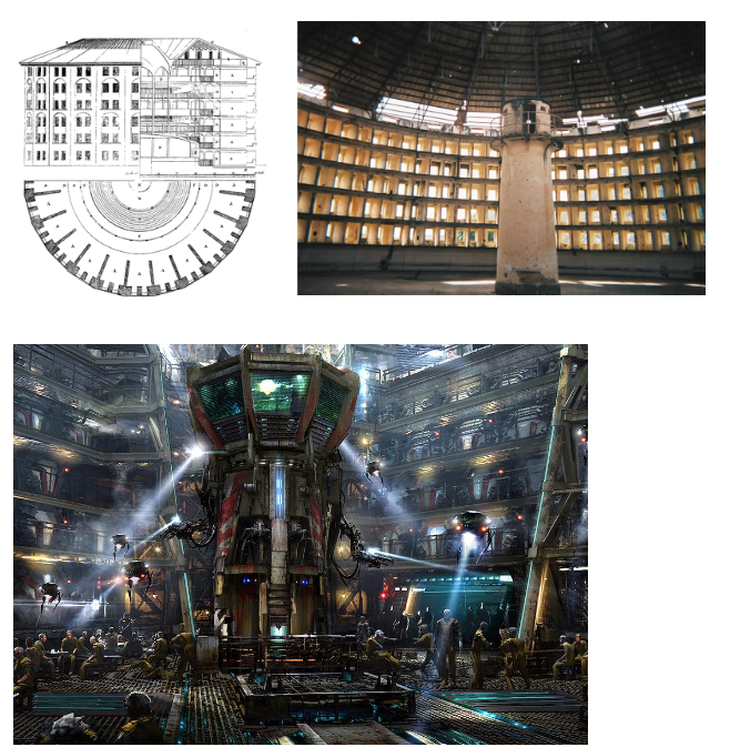 Top left image is an architectural style drawing of a large circular shaped building. On the top left is a photo of such a building from inside where you can see a central guard tower surrounded by prison cells. The bottom image is an image from the film Guardians of the Galaxy and depicts the guard tower in the center with cells around it.